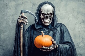 Grim reaper holding pumpkin in the dark