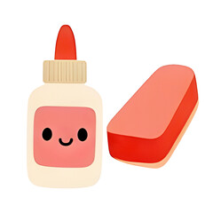Cute kawaii style glue bottle and eraser duo on a black background