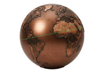 Isolated vintage globe displaying continents, antique world map, copper design, navigation