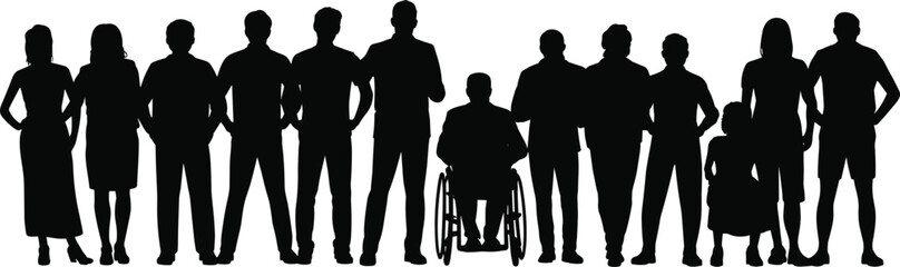 Silhouette of diverse group of people standing together, teamwork, inclusion, disability representation, community, support, unity, black figures, wheelchair user, men and women, vector illustration.