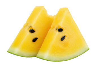 Isolated, two slices of yellow watermelon, a refreshing tropical fruit with black seeds