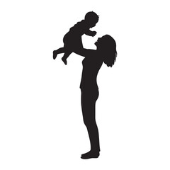 Silhouette of a mother lifting her happy baby in the air, celebrating family love and joyful moments