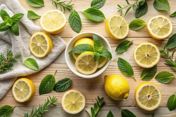 Scattered fresh lemons and mint leaves on a wooden table with a bowl of sliced lemons and a linen cloth