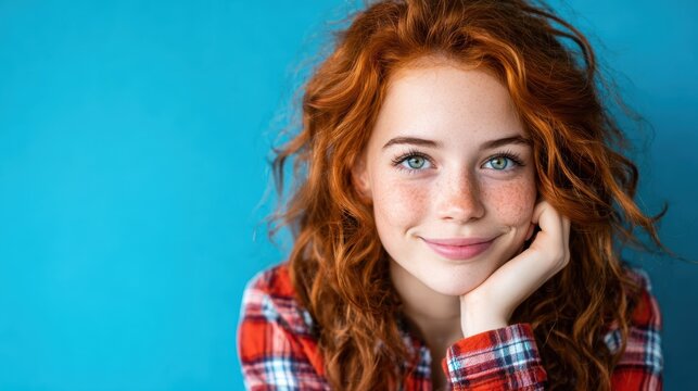 An enchanting young girl with curly red hair and striking blue eyes beams with happiness, creating an inviting and joyful atmosphere against a vibrant blue background. - Powered by Adobe