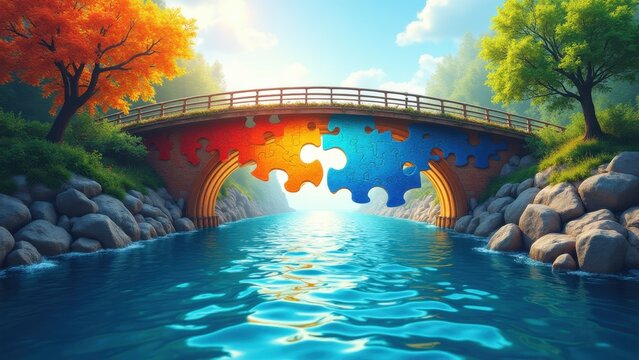 A dynamic image showing a bright river that transforms into a vivid, fragmented bridge made of puzzle pieces. Symbolize cultural integration and the difficulty of navigating a new environment