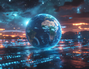 Digital Planet Earth Surrounded by Abstract Neon Data Network Visualization