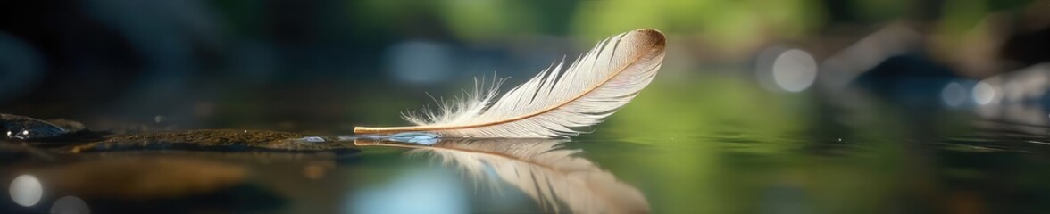 A single, delicate feather floats gently on a rippling stream, sunlight catching its intricate barbs  The image evokes serenity and the ephemeral beauty of nature ,  flowing,  soft,  smooth