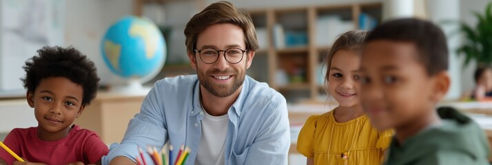 Smiling male teacher with diverse young students in classroom setting