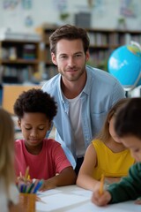 Obraz premium Young caucasian male teacher with diverse children in classroom learning environment