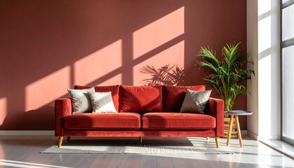 Red sofa in sunlit room