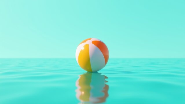 A single vibrant beach ball floating on still turquoise water, casting a soft reflection. Clean, modern aesthetic with a focus on simplicity and summer vibes.  - Powered by Adobe