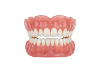 Isolated set of false teeth or dentures showing a full upper and lower set of teeth