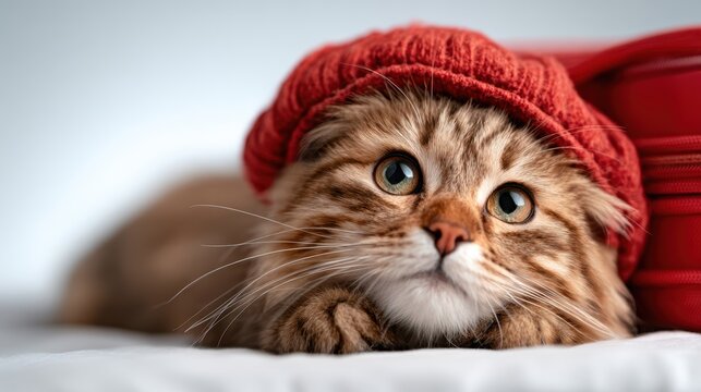 A charming cat in a cozy atmosphere wears a red knit hat, capturing cuteness and warmth that elicits feelings of happiness and affection in a homey setting.