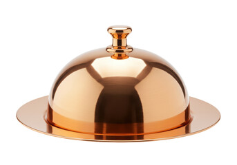 Isolated gold-colored metallic dome lid and tray, modern serving dish, kitchenware object