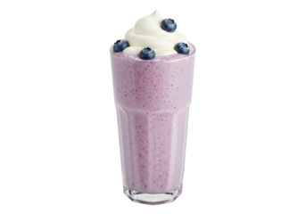 Isolated blueberry smoothie with whipped cream and fresh berries, healthy drink in glass
