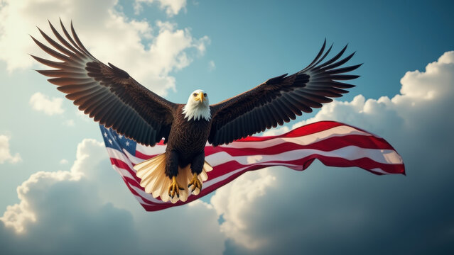 A majestic bald eagle soaring high in the sky with its wings spread wide, carrying a flowing American flag in its talons. The background features dramatic clouds, symbolizing strength and freedom