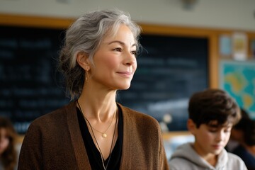 Caucasian mature female teacher leading classroom discussion