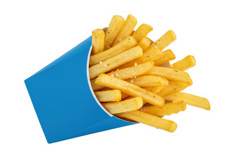 Isolated order of golden crispy french fries in a blue paper cone for fast food snacks