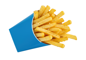 Isolated order of golden crispy french fries in a blue paper cone for fast food snacks