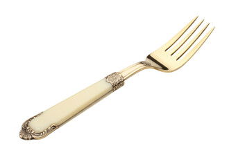Isolated fork, gold silverware utensil with decorative handle detail in a culinary context