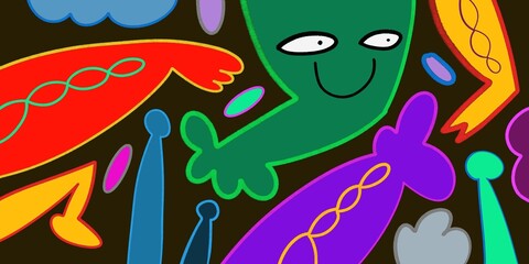 Cute and Funny cartoon colorful doodle and abstract animal, people, flower, and plant for kids and party