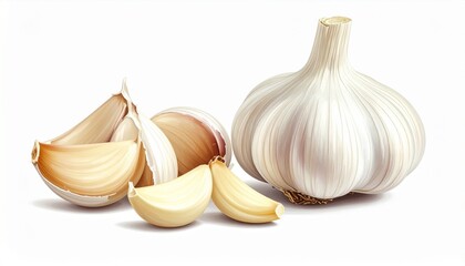 Two garlic bulbs and several cloves arranged on light surface, showcasing natural texture and culinary simplicity.