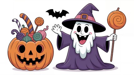かわいいハロウィンゴースト魔法使いとかぼちゃキャンディーのクリップアート © neneru