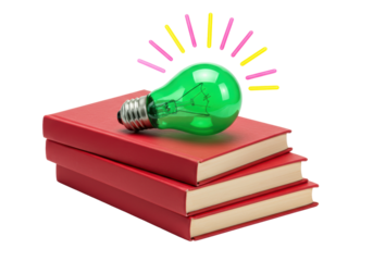 Isolated stack of books with a green glowing lightbulb on top a visual metaphor here