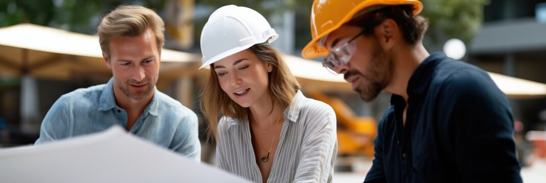 Team collaboration: young diverse professionals reviewing architectural plans outdoors - Powered by Adobe