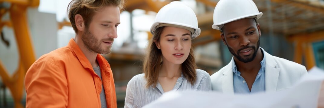Diverse team analyzing construction plans on site