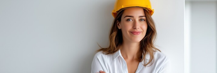 Confident female engineer in yellow hard hat at construction site