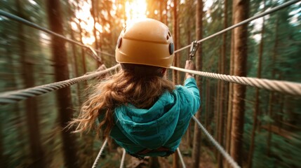 A thrill-seeker navigates high ropes among towering trees wearing a helmet, capturing the essence of adventure and connection with nature in a stunning landscape.