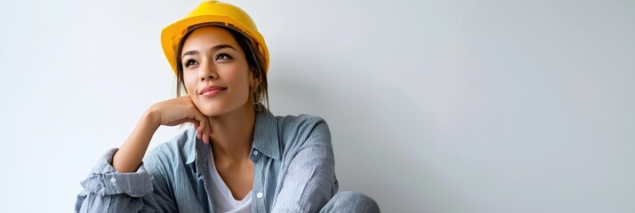 Young hispanic female engineer daydreaming in hard hat and casual work attire