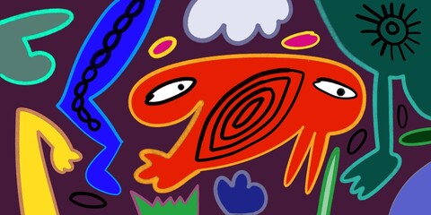 Cute and Funny cartoon colorful doodle and abstract animal, people, flower, and plant for kids and party