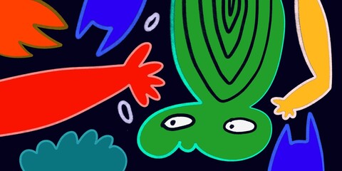 Cute and Funny cartoon colorful doodle and abstract animal, people, flower, and plant for kids and party