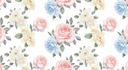 Watercolor Floral Pattern: Roses White Background Seamless Design.