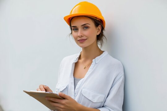 Young caucasian female engineer with hard hat and clipboard smiling confidently on site