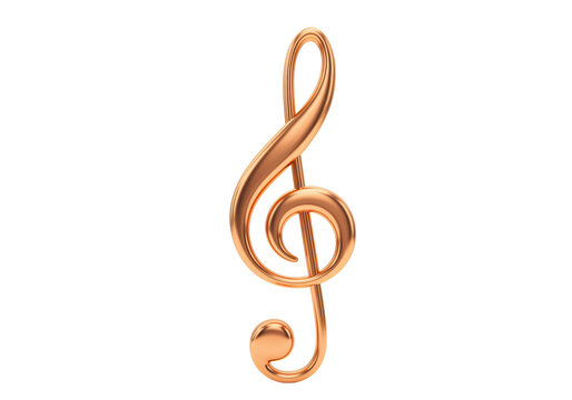 Isolated 3D musical gold treble clef sign, a symbol of music and melody, decorative note icon
