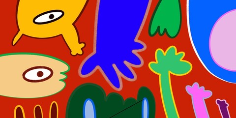 Fototapeta premium Cute and Funny cartoon colorful doodle and abstract animal, people, flower, and plant for kids and party
