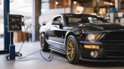 A car enthusiast installs a turbocharger in a garage with hoses clamping gauges calibrating a jack lifting and a manual open nearby shown in a technical photo with hose