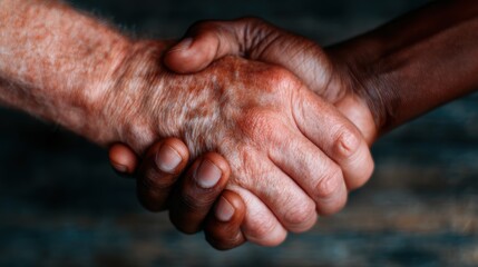Fototapeta premium A close-up of two diverse hands clasped in a handshake, symbolizing unity, friendship, and mutual respect, showcasing the strength of human connection across cultures.
