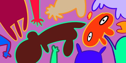 Cute and Funny cartoon colorful doodle and abstract animal, people, flower, and plant for kids and party