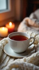 Fototapeta premium A steaming cup of tea rests on a cozy knit blanket, next to a lit candle; warm, comforting ambiance Perfect for relaxation, self-care, and hygge themes , blanket, cozy, candle