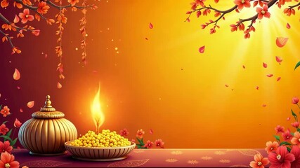 Happy sinhalese new year celebration background. Bright festive background featuring an oil lamp, marigold sweets, and beautiful flowers. Warm golden light and falling petals create a peaceful and