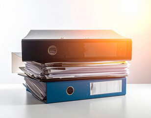 stack of black file folders full of documents against white background, space for your text