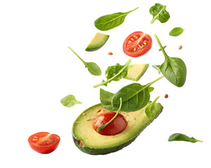 Naklejka premium Fresh ingredients like avocado, tomato, and spinach leaves floating against black backdrop