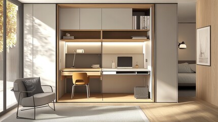 Fototapeta premium A room with a desk, chair, and a bed