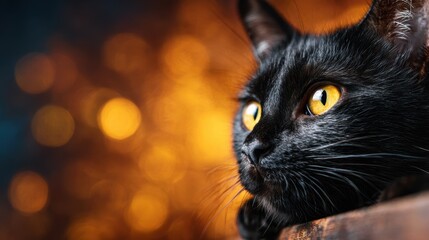 A striking close-up of a black cat with captivating golden eyes, offering a glimpse into the mysterious personality of our feline friends.