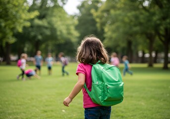 A young girl with a bright green backpack looks towards a group of children playing in a sunny park.