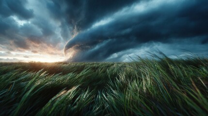 A dramatic storm cloud formation rolls in over a vibrant sunset, casting shadows over the green grass. Nature's power and beauty collides in this stunning landscape.